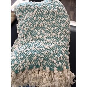 Shabby Chic Throw Blanket Teal White Textured Pompom Fringe Cozy